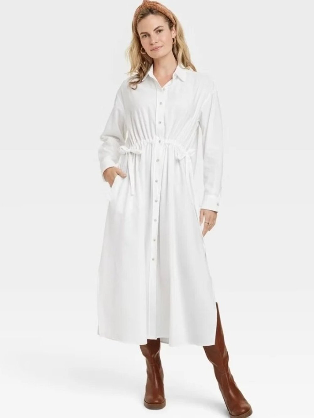 White Button-Front Shirt Dress with Drawstring Waist